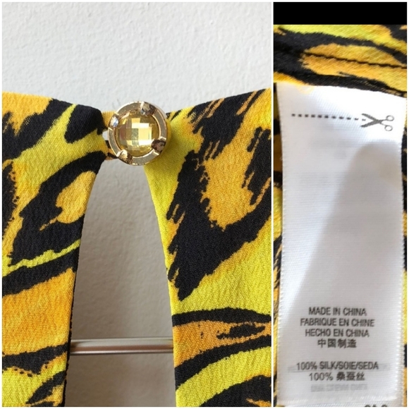 Juicy Couture Silk Yellow Leopard Ruffle Collar Bracelet Sleeve Mini Dress 00 - Picture 4 of 12